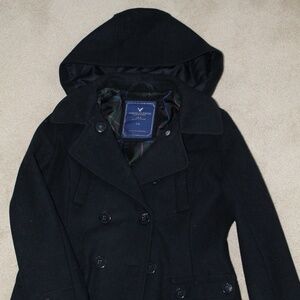 Wool coat with detachable hood